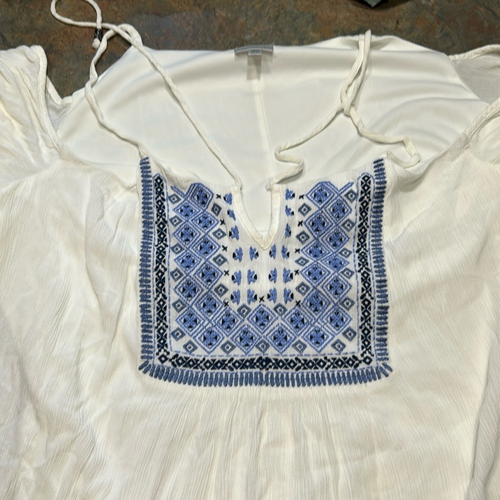 Boho dress off shoulder with ties and beautiful blue embroidery on the yoke.